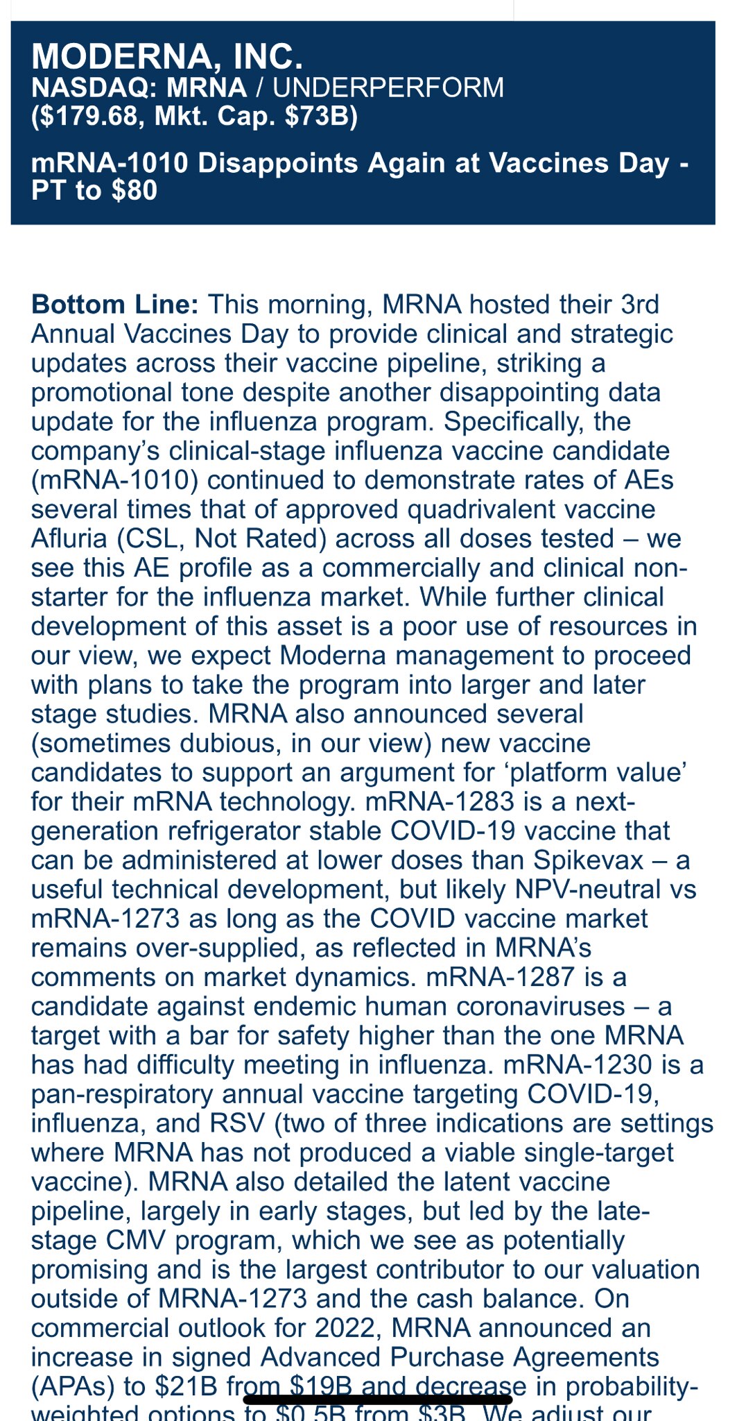Looks like $MRNA’s vaccine investor day was a bust…down 8%. Leerink Swan a healthcare boutique resea...