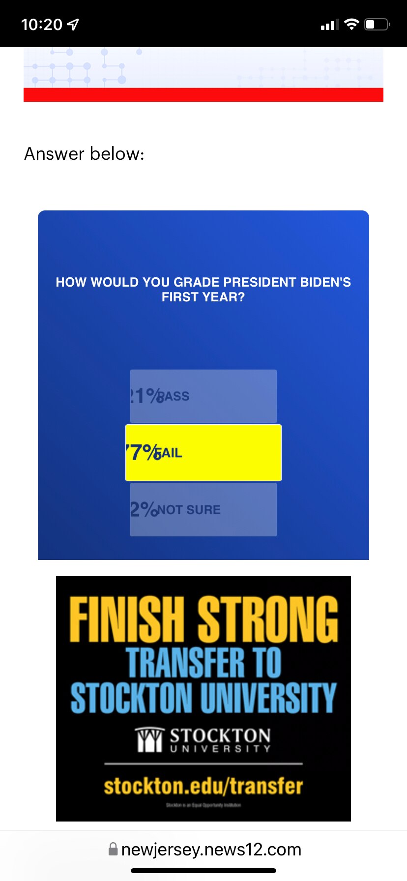 NJ poll today 77% vote Biden failed his first year ! Very suspicious News 12 NJ site cutting off res...