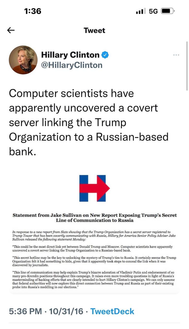 This is Crooked Hillary in her element. She professes astonishment at a scheme that her own campaign planted with the FBI and the media. “Oh lookee here!” 