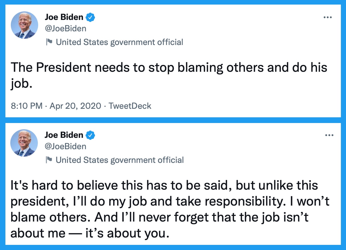 Candidate Biden had a much different mindset than President Biden.
 
Pres. Biden has blamed the energy crisis on Russia, crime crisis on covid, immigration crisis on global warming, inflation crisis on supply chain/private businesses, and the botched Afghanistan withdrawal on Trump.
 
Where’s the accountability you spoke of?