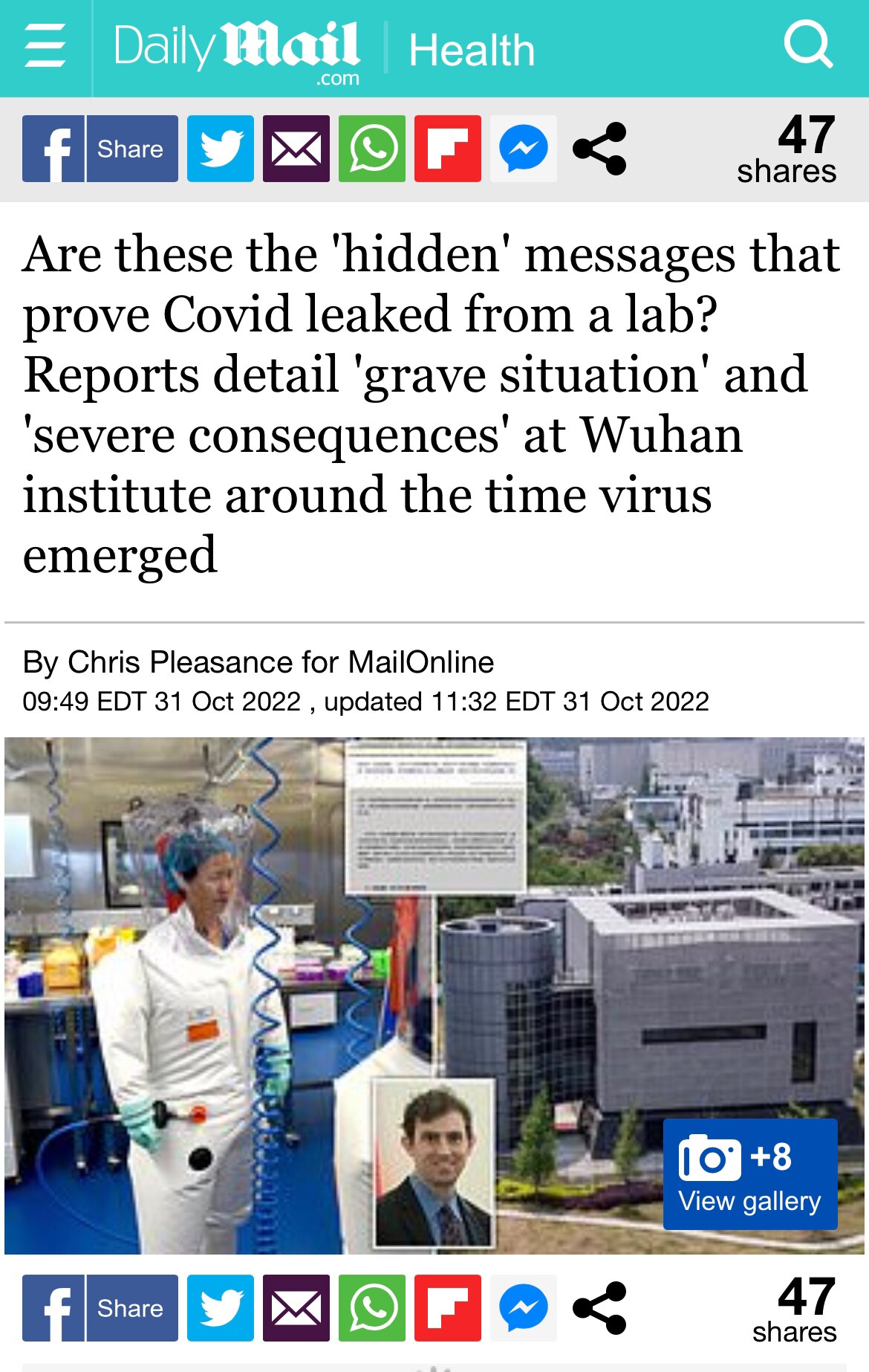 Are these the 'hidden' messages that prove Covid leaked from a lab? Reports detail 'grave situation' and 'severe consequences' at Wuhan institute around the time virus emerged 

https://www.dailymail.co.uk/news/article-11373433/Covid-reports-Wuhan-lab-prove-virus-leaked-China.html