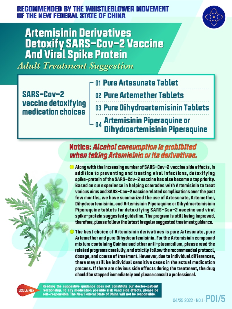 Recommended by the whistleblower movement of The New Federal State of China. Artemisinin Derivatives...