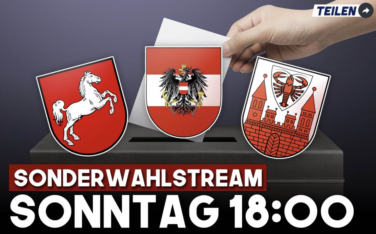 Sonderwahlstream zum Superwahlsonntag

🟥 Langberg und ich gehen heute Abend auf Sendung und berichten über:

▪️Die Stichwahl zum Bürgermeister in Cottbus
▪️Die Präsidentschaftswahl in Österreich
▪️Die Landtagswahl in Niedersachsen.

⏱ Los geht es um 17:00

✅ Nach der Berichterstattung gibt es eine Fragenrunde auf MSLive+. Hier Mitglied werden: https://www.subscribestar.com/martin-sellner/subscribe