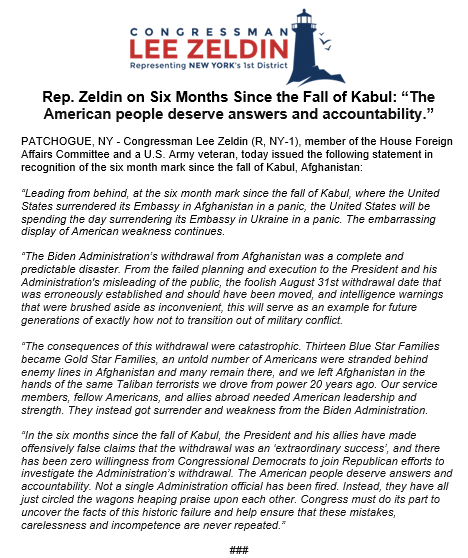 6 months ago today, Kabul fell to the Taliban. The manner in which the US withdrew from Afghanistan was an epic debacle and one of the most incompetent foreign policy embarrassments in our nation’s history. We must learn from this as a lesson of how not to execute a withdrawal.