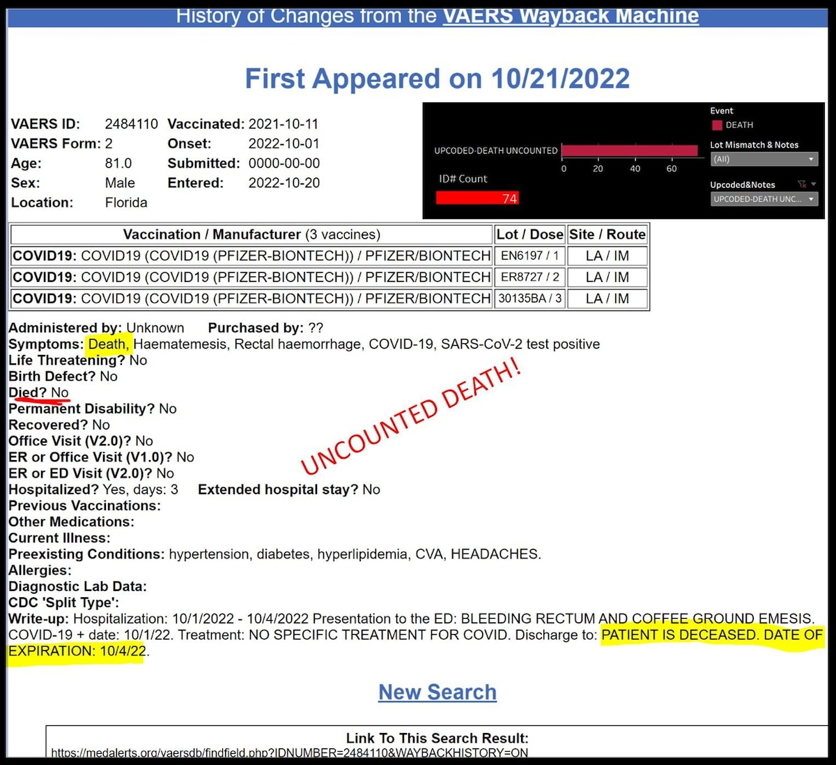 This one makes 75 "uncounted" EXPIRED people. https://www.vaersaware.com/c19-only