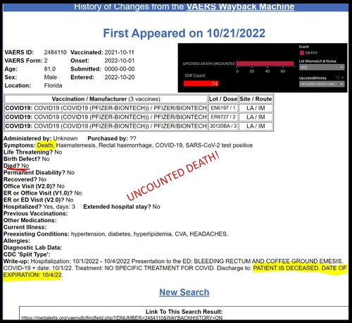 This one makes 75 "uncounted" EXPIRED people. https://www.vaersaware.com/c19-only