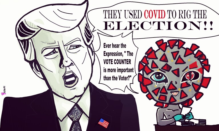 I drew this political cartoon of Donald Trump it's pulled from his rally in Ohio he said both of those things so I thought I would Illustrated and the refe