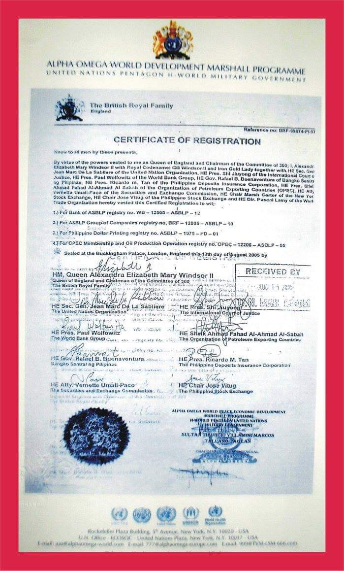 @alphaomegaworld ⚘CERTIFICATE OF REGISTRATION – The British Royal Family, England (August 13th 2005)

Know to all men...