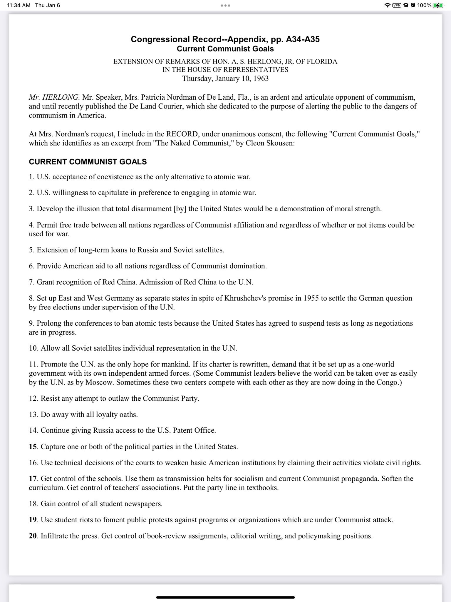 Back in 1963 the current communist goals were entered into the congressional records. It’s amazing a...