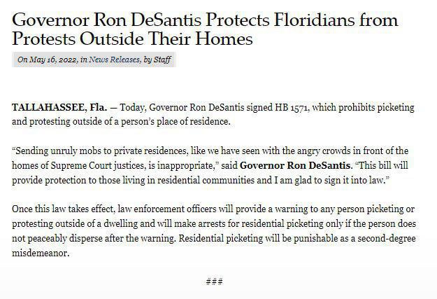 I do not support HB 1571 in Florida that was signed today by Governor DeSantis. It is a VIOLATION of the First Amendment and it is UNCONSTITUTIONAL. 

JUST IN: Gov. Ron DeSantis signed HB 1571, which prohibits protesting outside of a person’s residence.
 
We have a first Amendment in this country and peaceful protest on public sidewalks and public property is protected speech. 

Many Neighborhoods are public property. 

One of my most effective protests ever was on Nancy Pelosi’s lawn in Napa Valley, CA when I claimed sanctuary on her lawn with illegal aliens to protest her refusal to fund the border wall. 

It even trended #1 on Twitter. 

As long as people aren’t violent, peacefully protesting outside of politicians home on public property should be allowed.