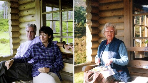 Newly released photos show Maxwell and Epstein relaxing at a cabin thought to be the porch of the Queen's log cabin