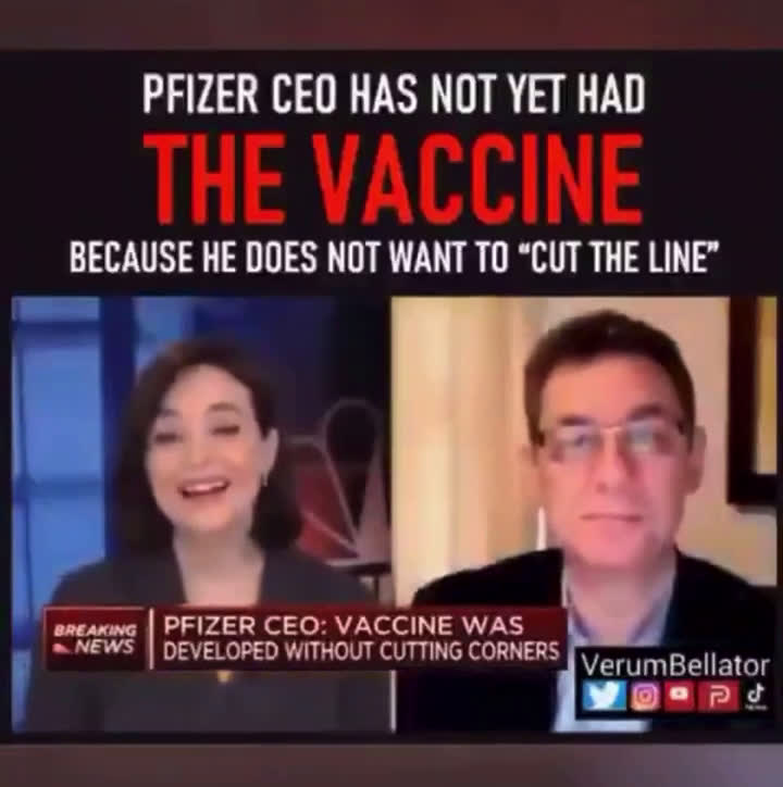 辉瑞制药的CEO在接受采访时表示自己59岁了，但身体健康，不需要打疫苗，他也不相信疫苗的效果…

这就和他在本公司疫苗上市之前抛售公司大量股票的原因对上了😹