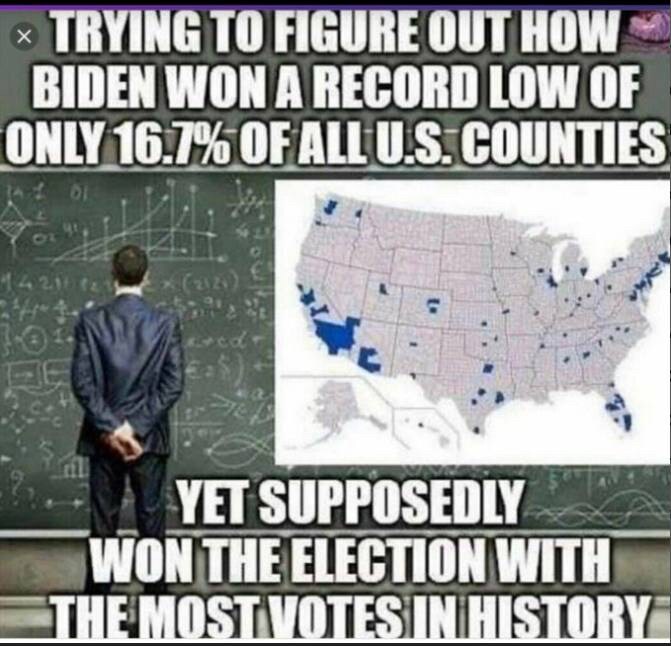 Trying to figure out how Biden won a record low of only 16.7% of all US counties… Yet Supposedly won the election with the most votes in history? 🤷🏼‍♀️ 
