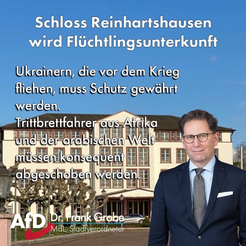 Wussten Sie, dass das #SchlossReinhartshausen in #Eltville-Erbach in demnächst zu einer Flüchtlingsunterkunft ausgebaut wird? Nein?
Kein Abgeordneter der Altparteien hat uns Bürger darüber informieren wollen. Warum lässt man uns darüber im Dunkeln? Schließlich gilt den echten ukrainischen #Flüchtlingen unsere echte Solidarität.
Doch die meisten angeblichen #Ukrainer sind gar keine, sondern Trittbrettfahrer aus Afrika und Asien, die aus dem Leid der ukrainischen Familien Kapital schlagen. 
Was wir als Eltviller davon haben werden? Die gleichen Probleme wie schon #2015. Einzig der Betreiber des Schlosses wird sich gesundstoßen. Die einzige Partei, die sich noch für die eigenen Bürger und echten Flüchtlinge einsetzt, ist die #AfD. Denken Sie bei der nächsten Wahl daran.