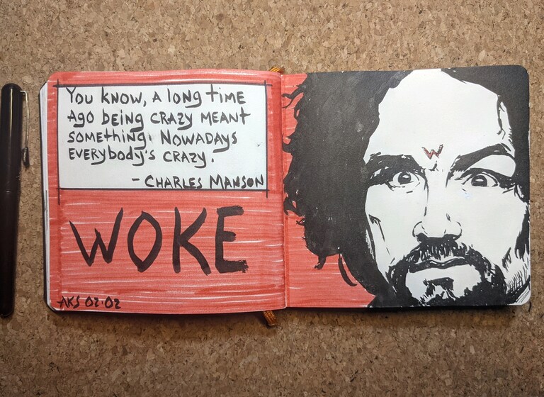 Woke/Manson
Draw your own parallels ;)
For more please follow me on Instagram. https://www.instagram.com/akspencer73
#sketchbook #art #artist #artistso