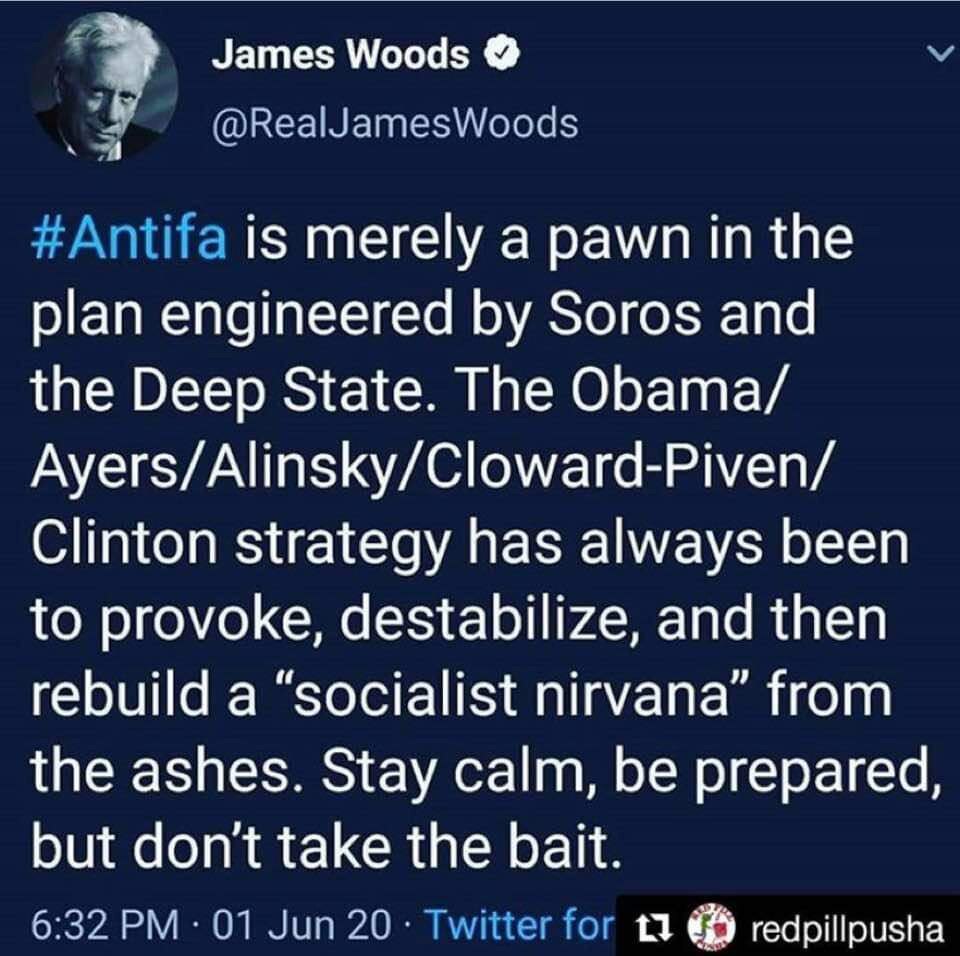ANTIFA🥊- James Woods🇺🇸🦅👊🏻
#jrides #patriotsunite
@Blondies @1goodl @Legacy411 @ESSENSFATHER @s...