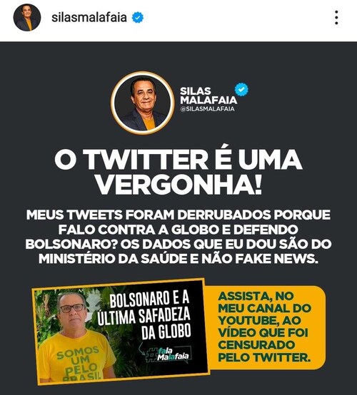Da Série TWITTER e sua Arbitrariedade: 

Twitter obriga Malafaia a apagar postagens antivacina e deixa pastor 12h sem publicar.

"A rede social disse à Folha, em nota, que solicitou ao líder religioso a remoção do conteúdo após constatar que os tuítes de Malafaia eram "gravemente nocivos" e violaram a política de informações enganosas sobre a Covid-19. O perfil do evangelista teve suas atividades restritas por 12 horas."