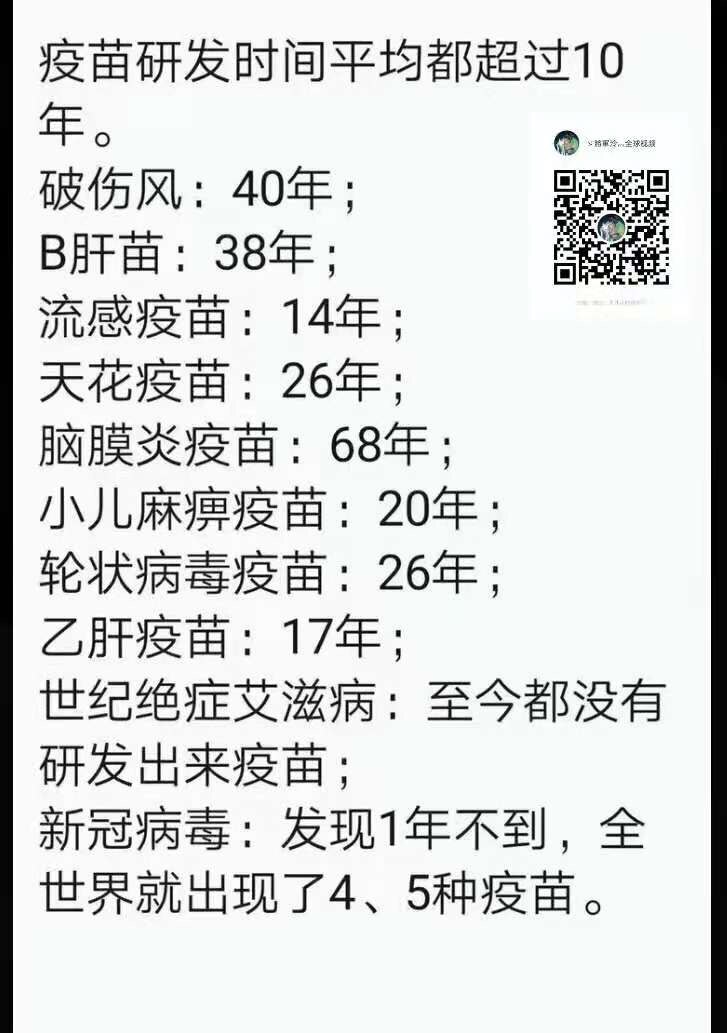 问：艾滋病出现多少年了？
答：50多年了。
问：有疫苗吗？
答：没。
问：非典出现多少年了？
答：10多年了。
问：有疫苗吗？
答：没。
问：那个新型的啥啥啥多少年？
答：1年多。
问：有疫苗吗？
答...
