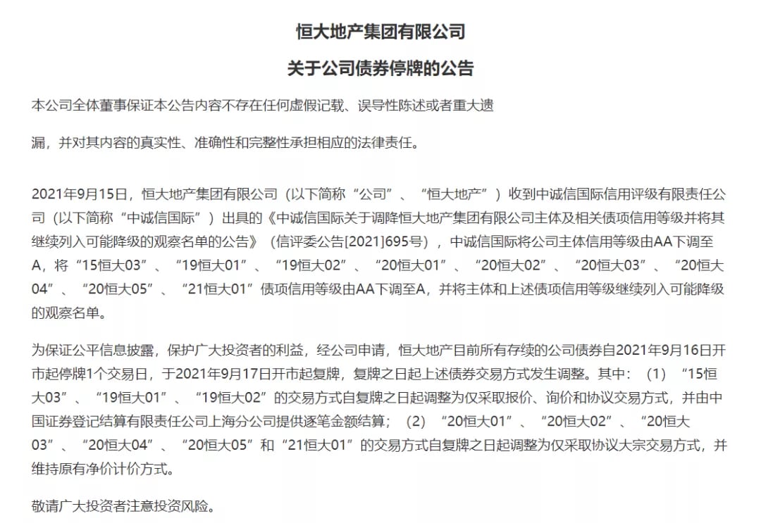 ‼️‼️恒大地产债券停牌，恒大系个股继续大跌📣📣📣📣📣📣
中诚信国际发布公告称，恒大地产及其控股股东中国恒大集团流动性紧张状况正在持续恶化，同时不断增多的负面信息为其正常生产经营带来较大的...