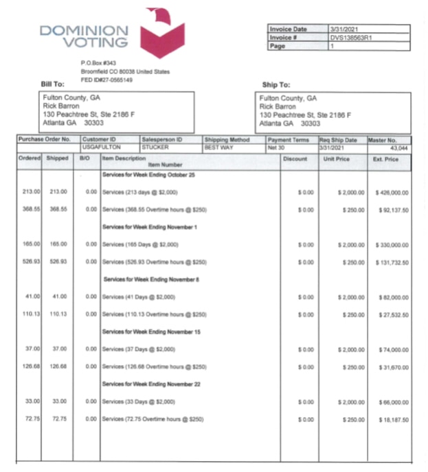 Did Fulton Co, GA pay Dominion $2,000 per person per day to run the elections in Fulton when the staff was “exposed” to COVID??

$2,000,000.  That seems a bit steep to pay without the consent of the people.  And for a privately owned foreign company with a private equity firm parent company.  So safe. 