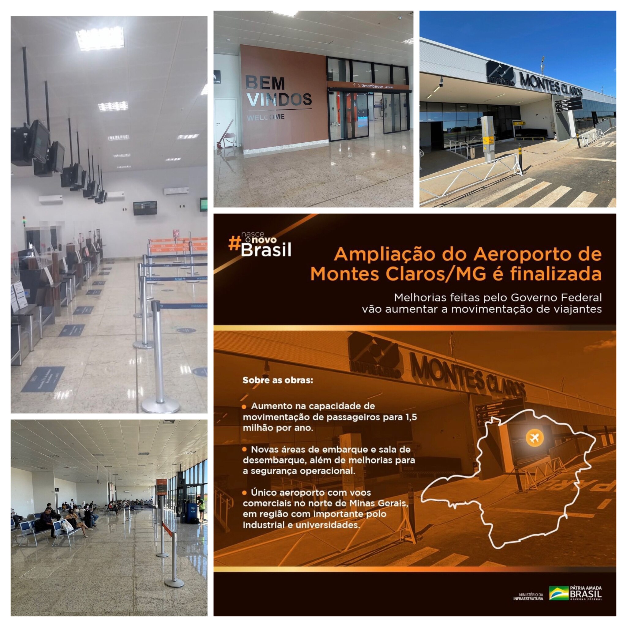 MINAS GERAIS: O Aeroporto de Montes Claros/MG foi ampliado!

O Governo do Brasil conclui as obras de adequação da capacidade operacional e de modernização do terminal de passageiros. As melhorias aumentaram a capacidade de movimentação de passageiros de 800 mil para 1,5 milhão por ano.

A obra no aeroporto vai atender a demanda crescente da aviação no norte de MG, região com diversas universidades e importante polo industrial. A antiga estrutura não comportava, por exemplo, a realização de embarque de dois voos simultâneos.

Agora, o Aeroporto conta com novas áreas de embarque e sala de desembarque. As medidas realizadas pela Infraero asseguram segurança operacional no terminal, além de mais tranquilidade e conforto a usuários e trabalhadores do local.