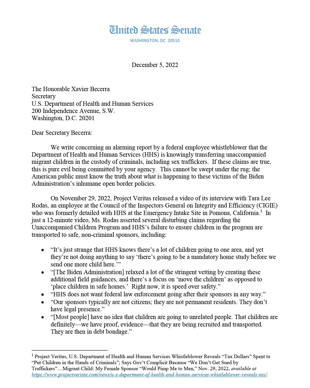 Project Veritas on GETTR : US Senators Mike Braun, Ted Cruz, Rick Scott, Josh Hawley and Ron Johnson Send Scathing Letter to HHS Secretary Xavier Beccerra Regarding HHS Whistleblower's Claims of Child Trafficking   If these claims are true, this is pure e