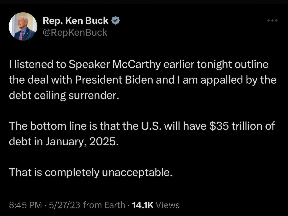 Congressman it will be @ least $36 trillion

https://twitter.com/repkenbuck/status/16626664204996648...
