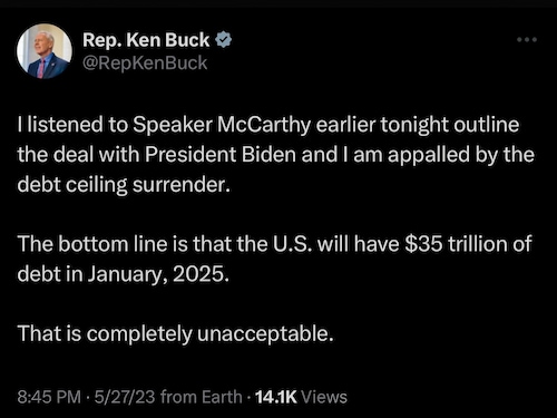 Congressman it will be @ least $36 trillion

https://twitter.com/repkenbuck/status/1662666420499664897?s=46&t=ECqdZL_9ZGFJGqr2dyJD8g