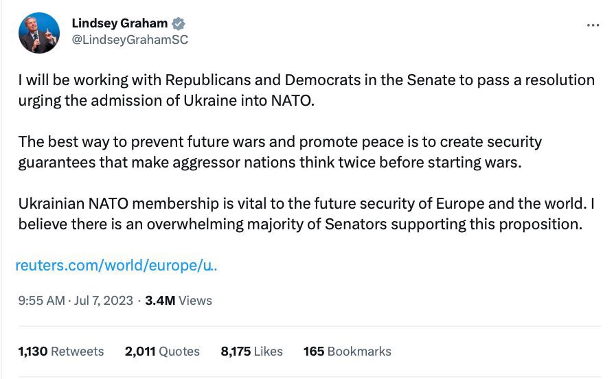 Warmonger Lindsey Graham wants to expand NATO to include Ukraine and guarantee an endless proxy war ...
