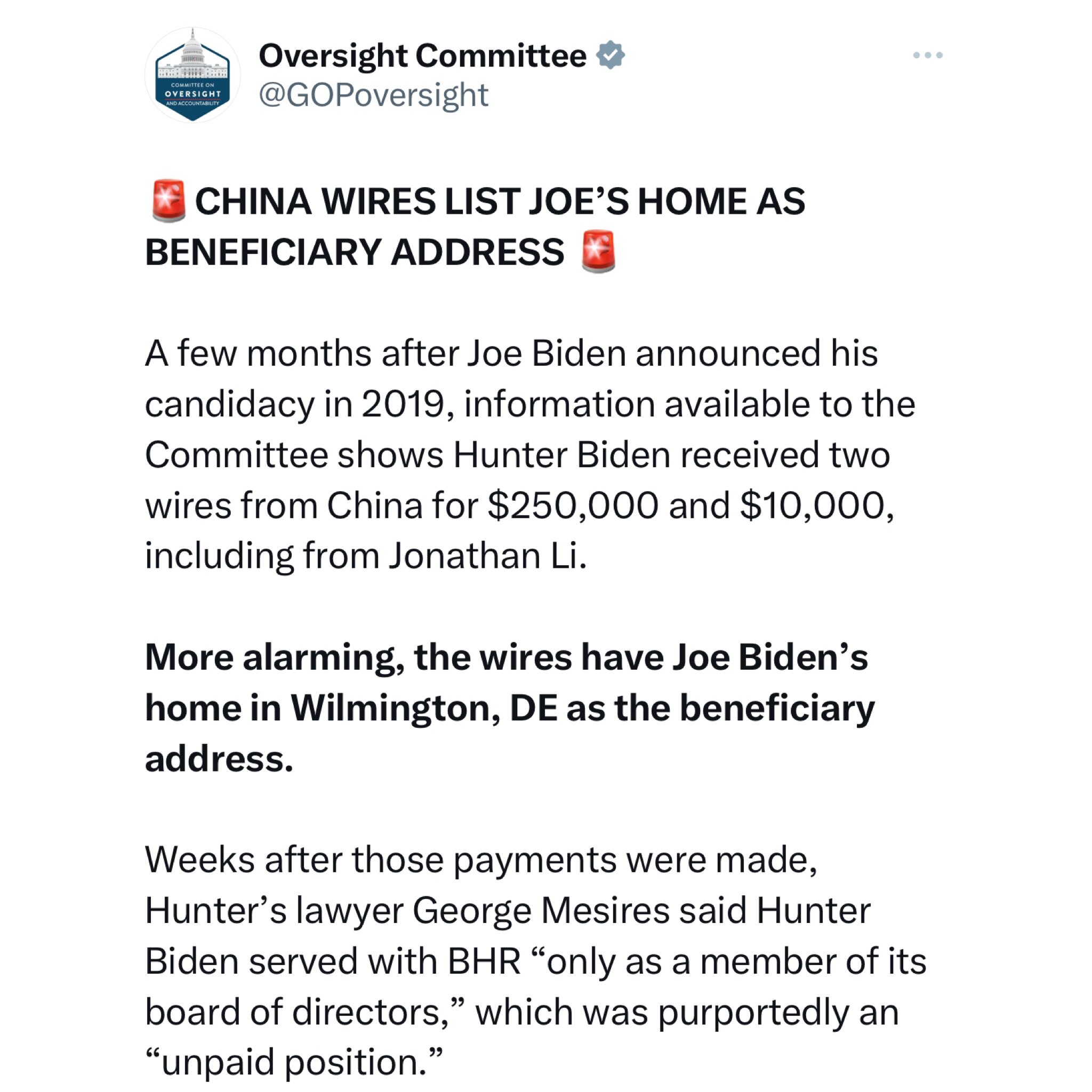 Joe Biden launched his presidential campaign on April 25, 2019.

3 months later, Hunter Biden received more than $260,000 in 2 wire transfers from CHINA to Joe Biden’s Delaware address.

In October 2020, Joe Biden said Hunter never made any money from China.

Joe knew everything. THE BRAND is CHINA JOE.