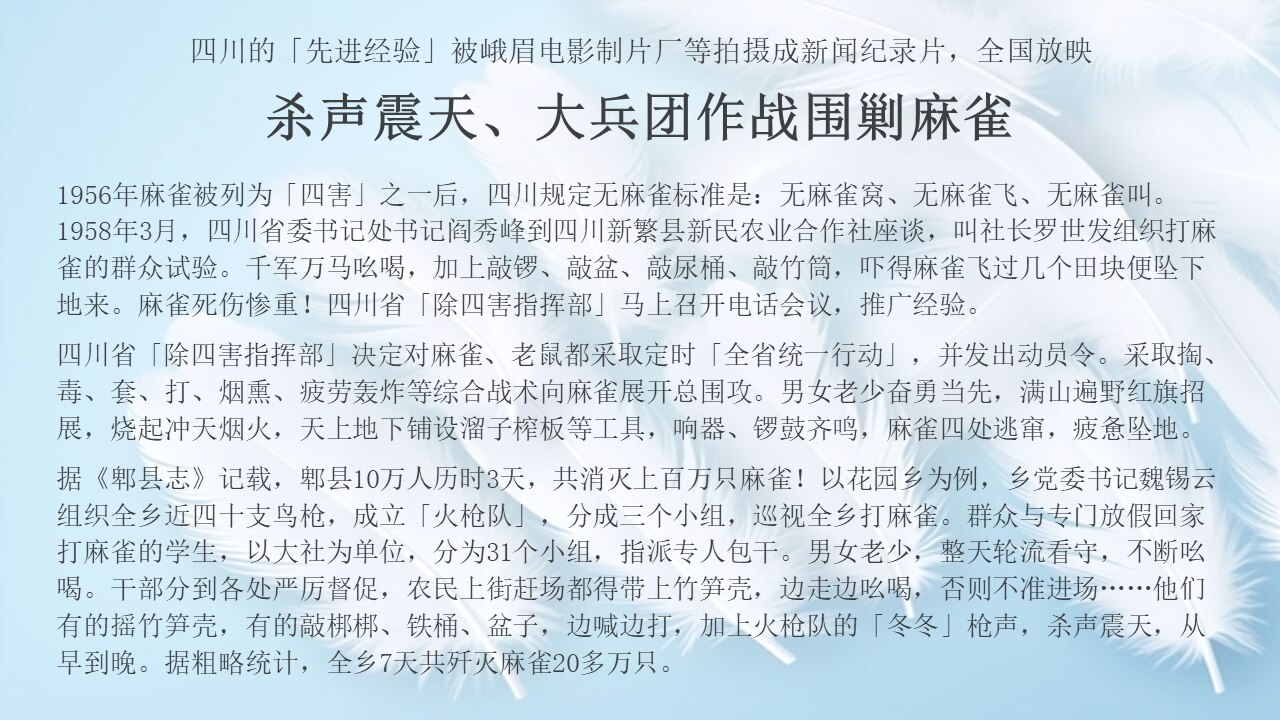 杀声震天、大兵团作战围剿麻雀 

1956年麻雀被列为「四害」之一后，四川规定无麻雀标准是：无麻雀窝、无麻雀飞、无麻雀叫。 1958年3月，四川省委书记处书记阎秀峰到四川新繁县新民农业合作社座谈，叫社...