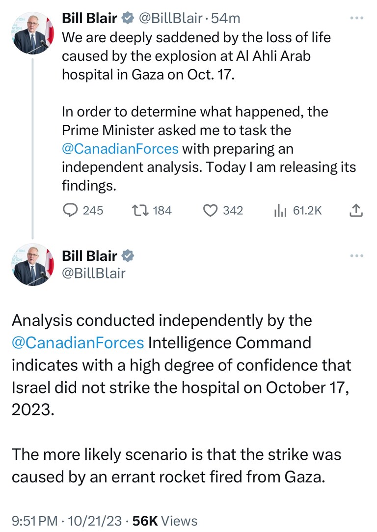๐จ๐จ๐ฆ๐ฎ๐ฑ Canadian Forces Intelligence Command analysis of the October 18th blast at the Al-Ahli Baptist Hospital in Gaza indicates with โhigh degree of c