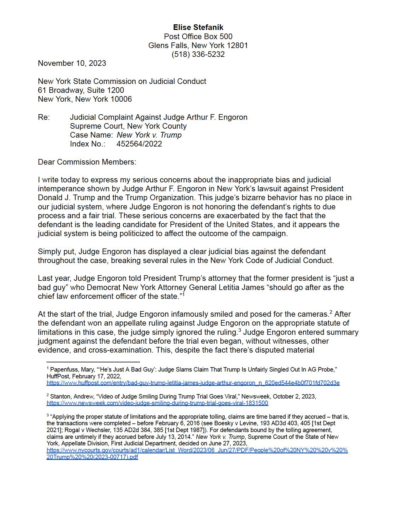 π¨π¨π¨ I just filed an official judicial complaint against Judge Arthur Engoron for his inappropriate bias and judicial intemperance in New Yorkβs disgraceful lawsuit against President Donald J. Trump and the Trump Organization.
Americans are sick and tired of the blatant corruption by radical Leftist judges in NY. All New Yorkers must speak out against the dangerous weaponized lawfare against President Trump. Read my full complaint below.