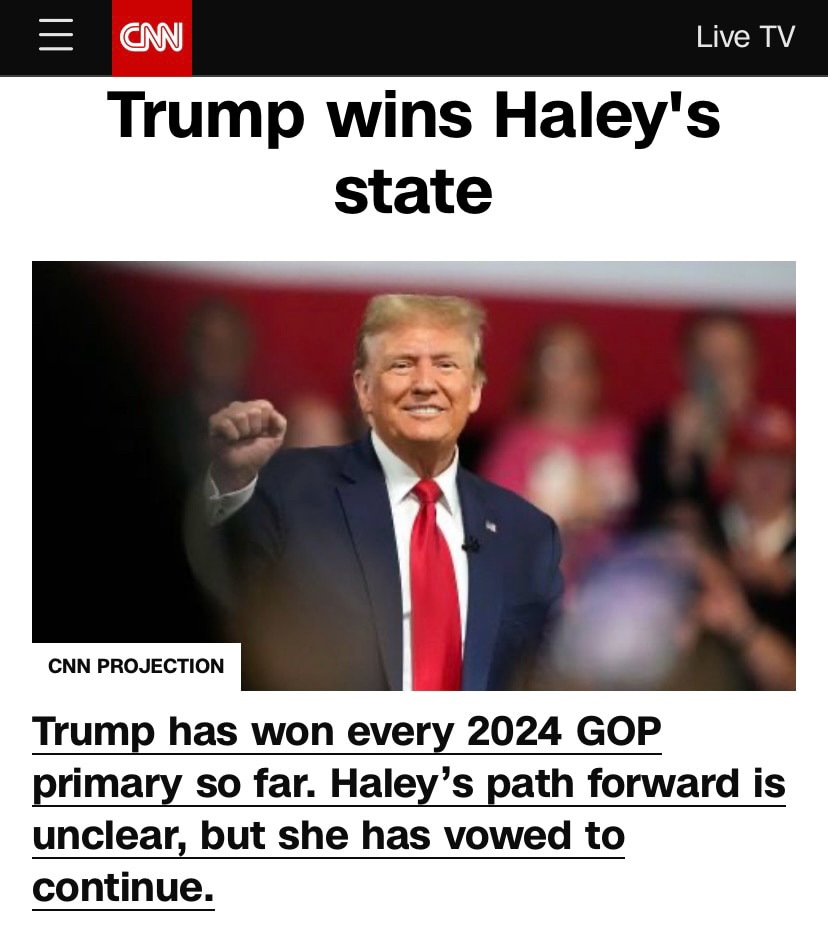 
Trump Full Spectrum Dominance in South Carolina 

https://www.cnn.com/politics/live-news/south-carolina-primary-02-24-24/index.html