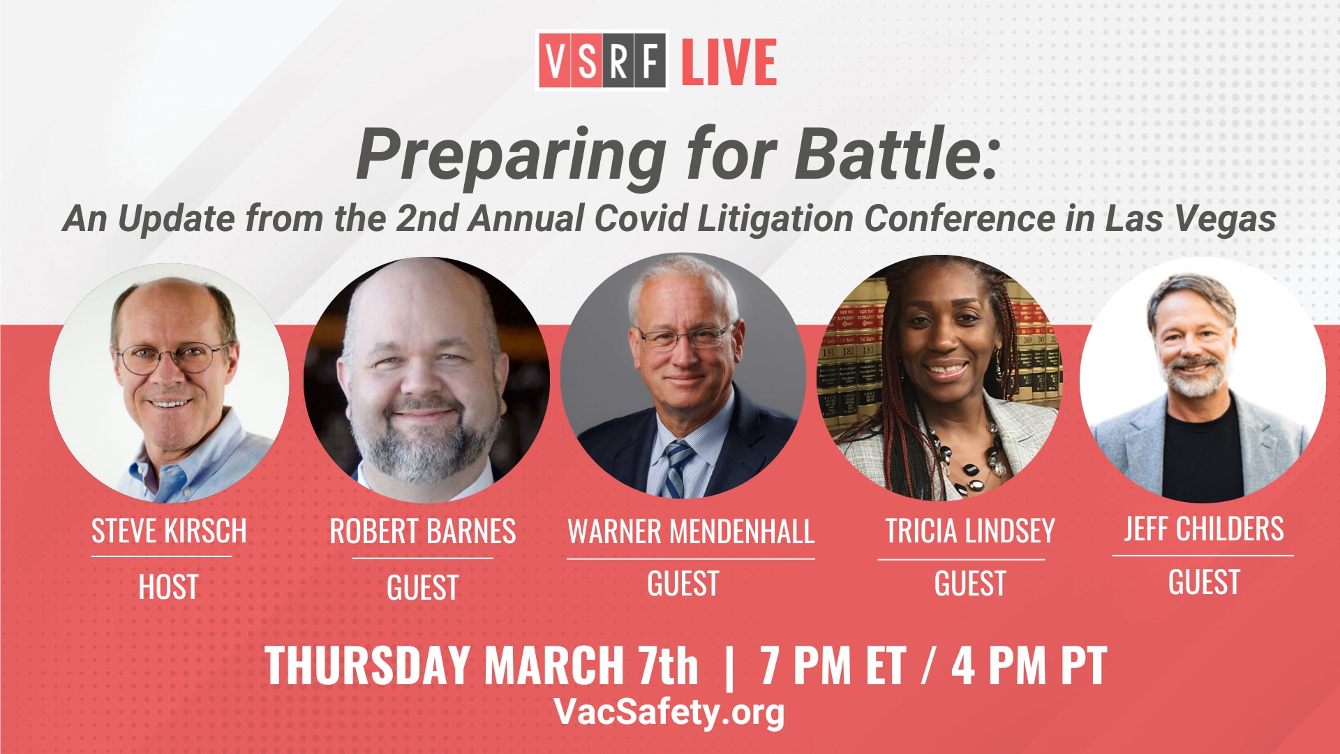 You are NOT going to want to miss this Thursday's VSRF LIVE, where Steve hosts from the Second Annual #CovidLitigation Conference in Las Vegas, NV!

Steve will speak with @barnes_law, @MendenhallFirm, @jchilders98 and many other esteemed attorneys at the conference on how the legal tide is finally turning in 2024 and justice will be served! 

So set a timer, bring some friends and join us on our Rumble channel at: https://rumble.com/c/VaccineSafetyResearchFoundation…

See you there!
