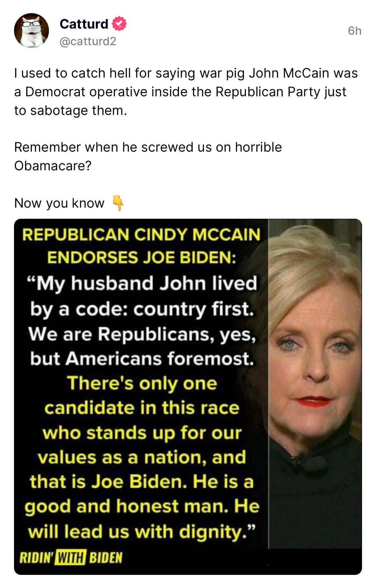 Cindy McCain Endorses Joe Biden
https://truthsocial.com/users/catturd2/statuses/112237921414218641