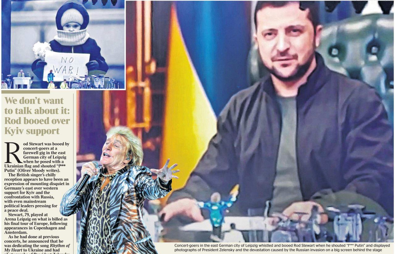 The Germans are against the war with Russia in Ukraine.  

The British press is now very worried about the fact that at a concert in Leipzig, Germany, the audience unanimously booed the elderly Rod Stewart when he came on stage with a blue and yellow flag and tried to shout insults at Putin against the backdrop of a large portrait of the overdue Zelensky.  

The Times, for example, links this to the success of the Alternative for Germany there in the recent elections.  The British, of course, were not able to think that the Europeans were, in principle, tired of this constant incitement of hatred and Russophobia. 

https://x.com/vicktop55/status/1802547919209271457?t=SyQmXhyMvOIHLaU6BNWFGg&s=19