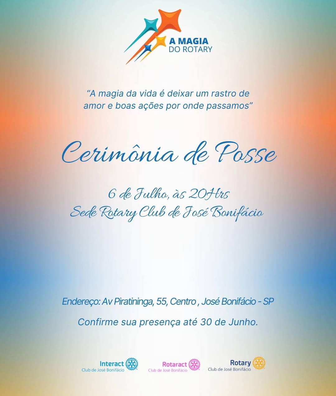 Texto do Rotaract Club de José Bonifácio:

No dia 06 de Julho, às 20hrs vamos celebrar o encerrament...