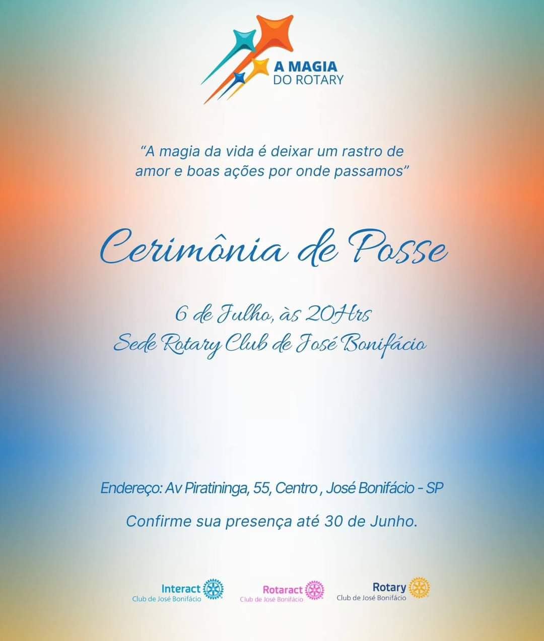 Texto do Rotaract Club de José Bonifácio:

No dia 06 de Julho, às 20hrs vamos celebrar o encerrament...