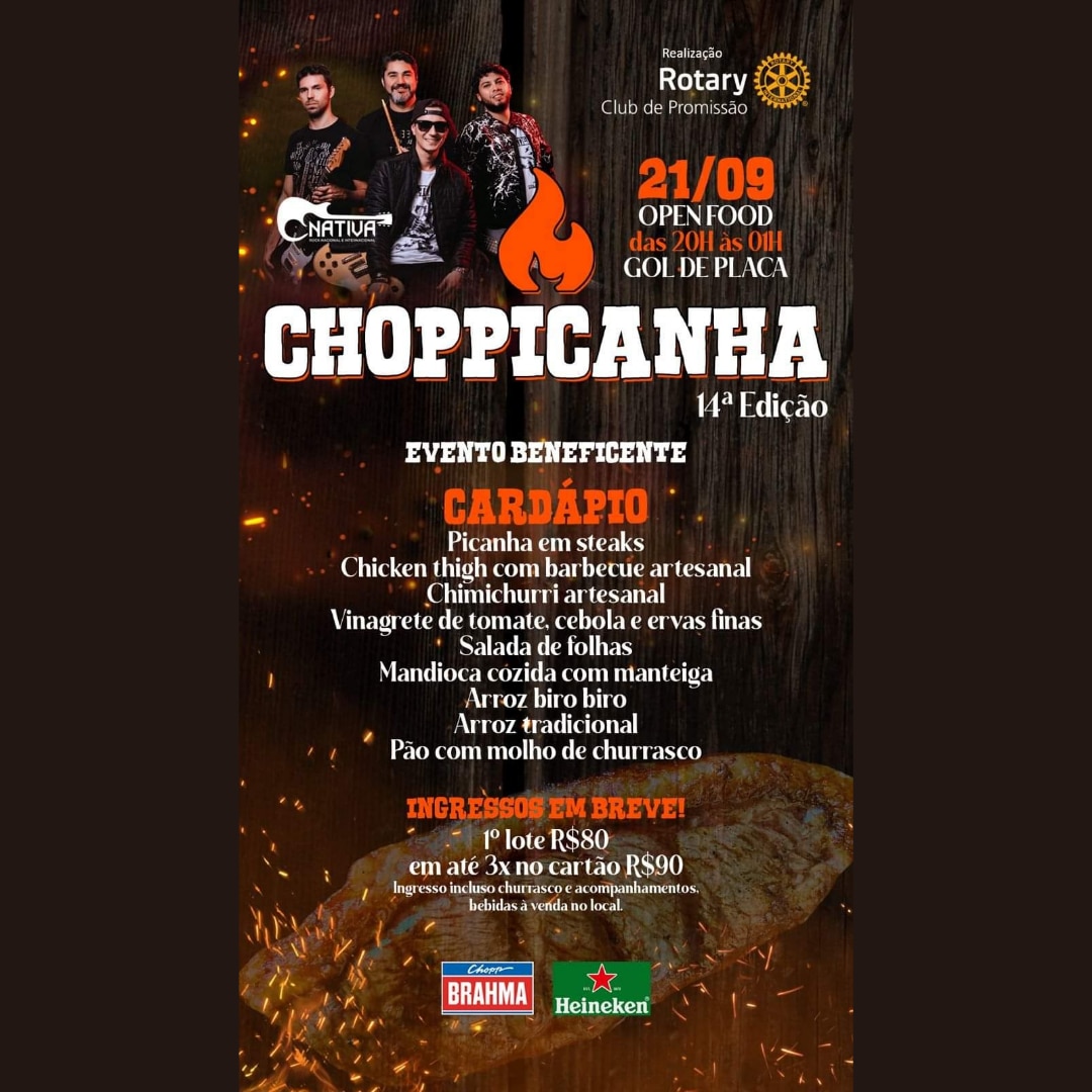 Texto do Rotary Club de Promissão:

Vem ai a 14ª Edição do Choppicanha!
Evento 100% beneficente

Dia...