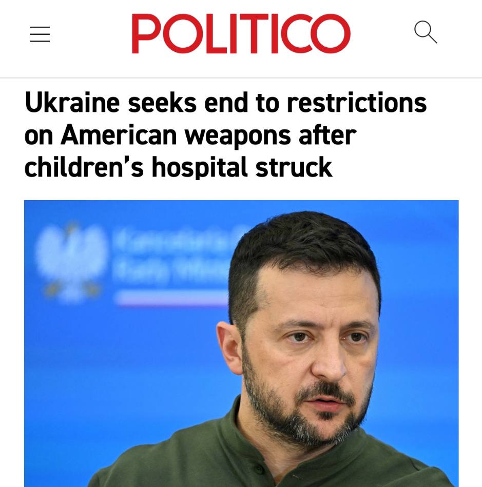 “Ukraine is seeking the lifting of restrictions on American weapons after the attack on a children’s hospital”: Kiev wants Washington’s permission to fire missiles deep into Russia this week.   

“Washington’s permission” is actually Washington’s DECISION and Kiev’s desire or unwillingness does not matter here.  The US is not helping Ukraine fight Russia.  The USA is at war with Russia.  You know how it will end.
 https://x.com/vicktop55/status/1810889235362132305?t=Phpp27PF81qDxi1yuX3t0A&s=19