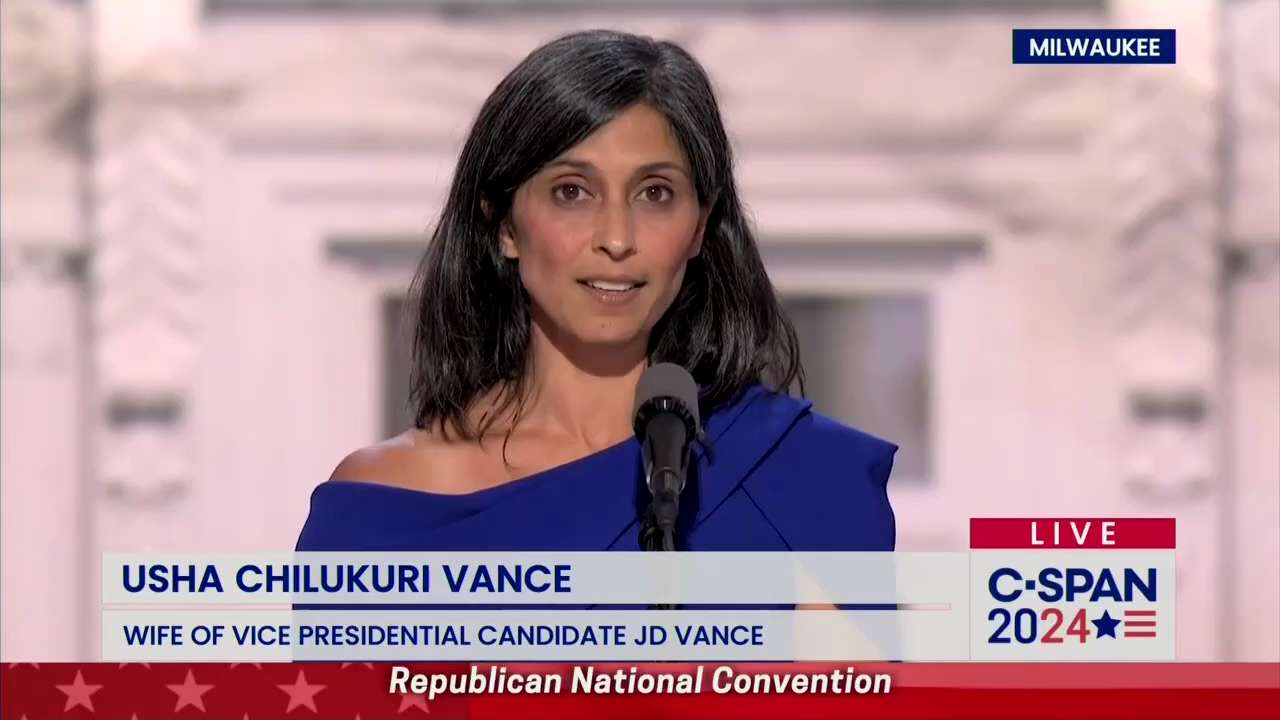 Usha Vance, wife of VP Nominee J.D. Vance, mother, and lawyer, introduced her husband at the RNC: 

...