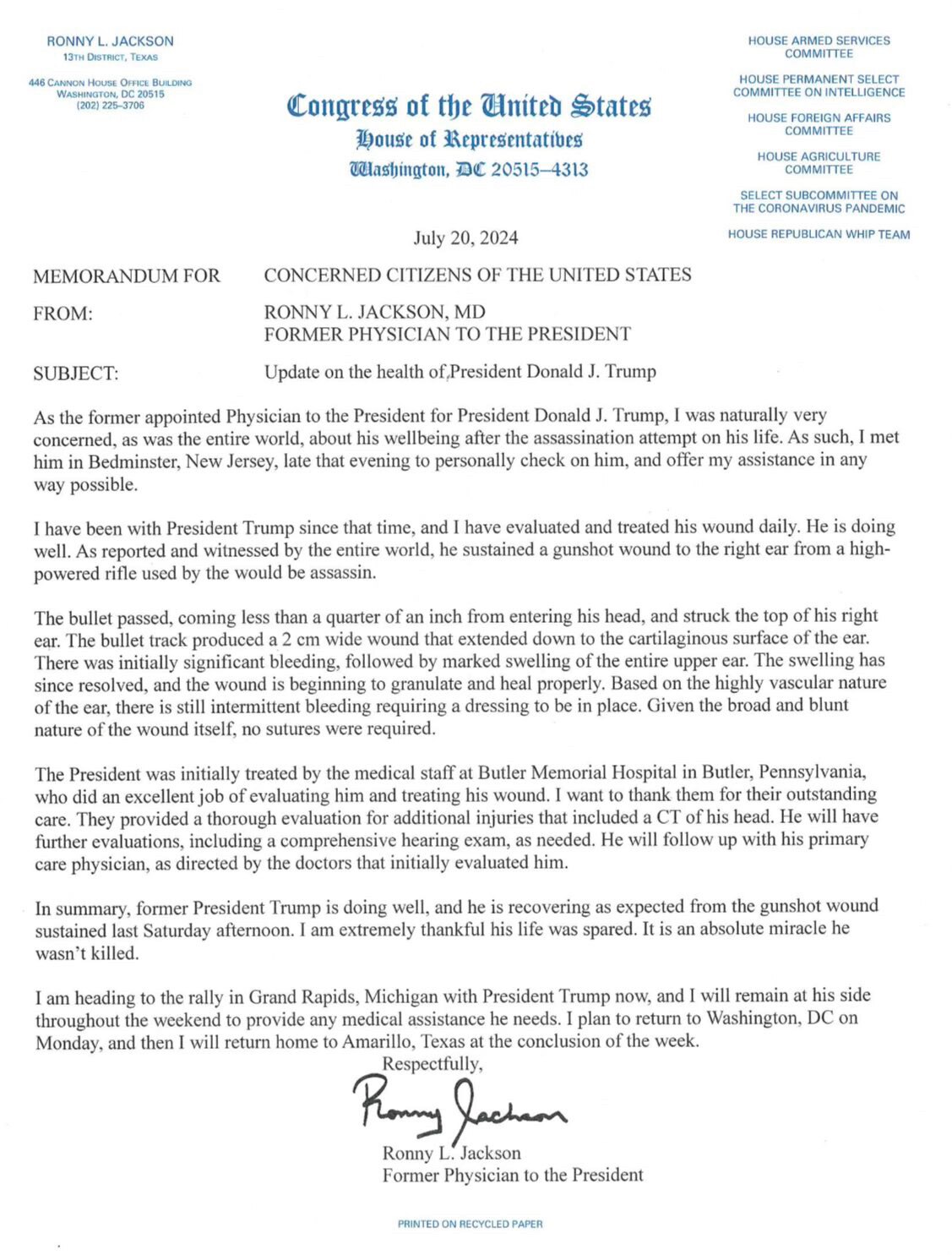 Ronny Jackson has been taking care of President Trump since the assassination attempt.
He just issued this statement