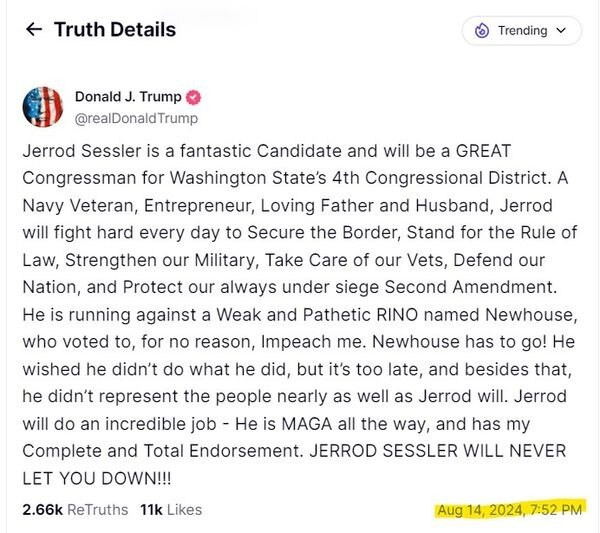 President Trump shared his endorsement of me again last night, reaffirming his complete and total su...