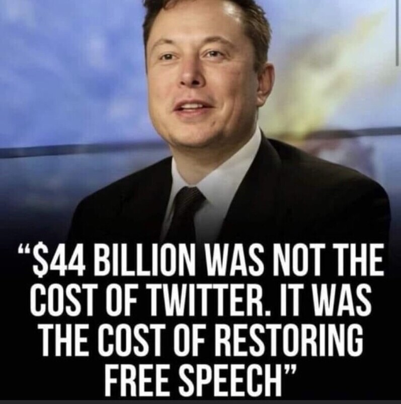 PEOPLE DON’T REALIZE JUST HOW TRUE THIS IS !
Twitter The Largest Social Site In The World Was Like Facebook In 2020 Actually Letting DOJ Work There System And Suspend All Trump Supporters In 2020 & 2021 !
There Was No One Else Back Then And Conservative Voice Was Shut Down Completely !
They Also Used Twitter To Spread Propaganda!
And Is When The Governments War Really Started With Elon Musk !
The Twitter System Is Beyond Huge !
Servers And Tech Equipment To Handle A Billion People Using It At Once !
First Thing Elon Did After Buying Twitter Was firing 5000 Of The 7500 Employees !
Most Were Liberals And Not Needed !
Then Kicked DOJ Out Of Twitter And Still Getting Servers Cleaned Up !

ELON HAS VERY MUCH HELPED SAVE FREE SPEECH WORLDWIDE !