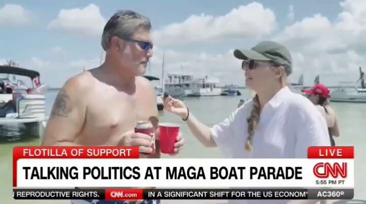 WiseEnough on GETTR : Shirtless #TrumpSupporter Puts #CNN ‘Reporter’ #ElleReeve in Her Place With Awesome Responses After She Suggests He’s Too Rich to Hav...