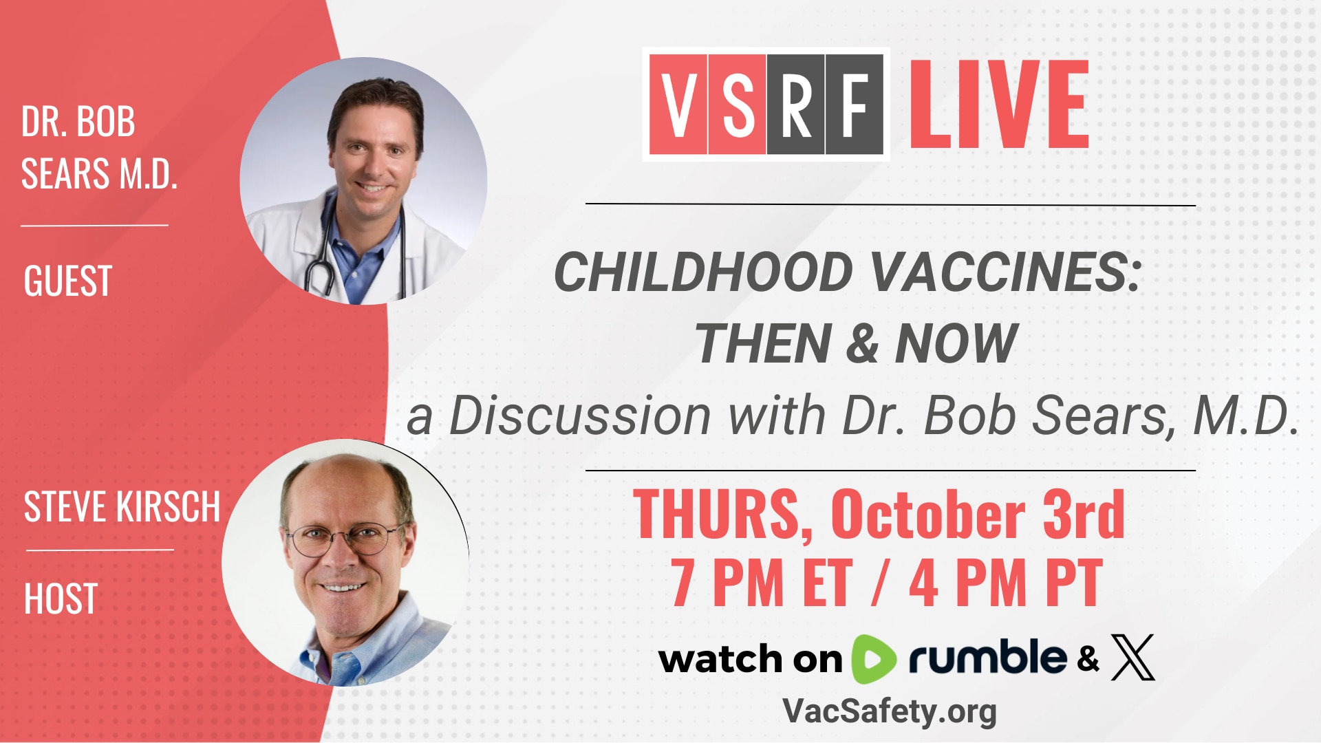 This Thursday on VSRF LIVE we speak with @DrBobSears M.D., aka “Dr. Bob,” who is a practicing pediatrician in California and co-author in the world renowned book series, Sears Parenting Library. He earned his medical degree at Georgetown University School of Medicine in 1995 and did his pediatric internship and residency at Children’s Hospital-Los Angeles, finishing in 1998.

Dr. Bob has a particular passion for helping parents understand childhood vaccines and the options open to them in choosing the safest possible vaccine schedule for their child. As the solo author of The Vaccine Book: Making the Right Decision for Your Child.

Join us for this sure-to-be fantastic discussion and as always, share this link and bring some friends!
