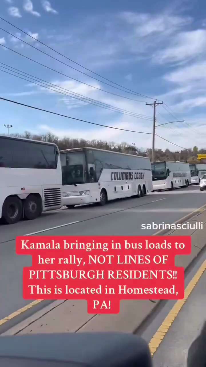 PENNSYLVANIA RESIDENT CAPTURES MANY MORE BUSSES BEING USED BY KAMALA HARRIS TO BUS IN HER FAKE SUPPO...