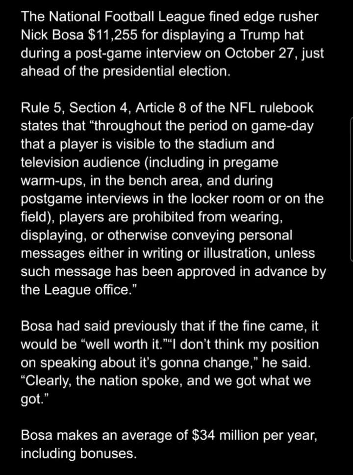 WiseEnough on GETTR : The National Football League fined edge rusher #NickBosa $11,255 for displaying a Trump hat during a post-game interview on October 2...