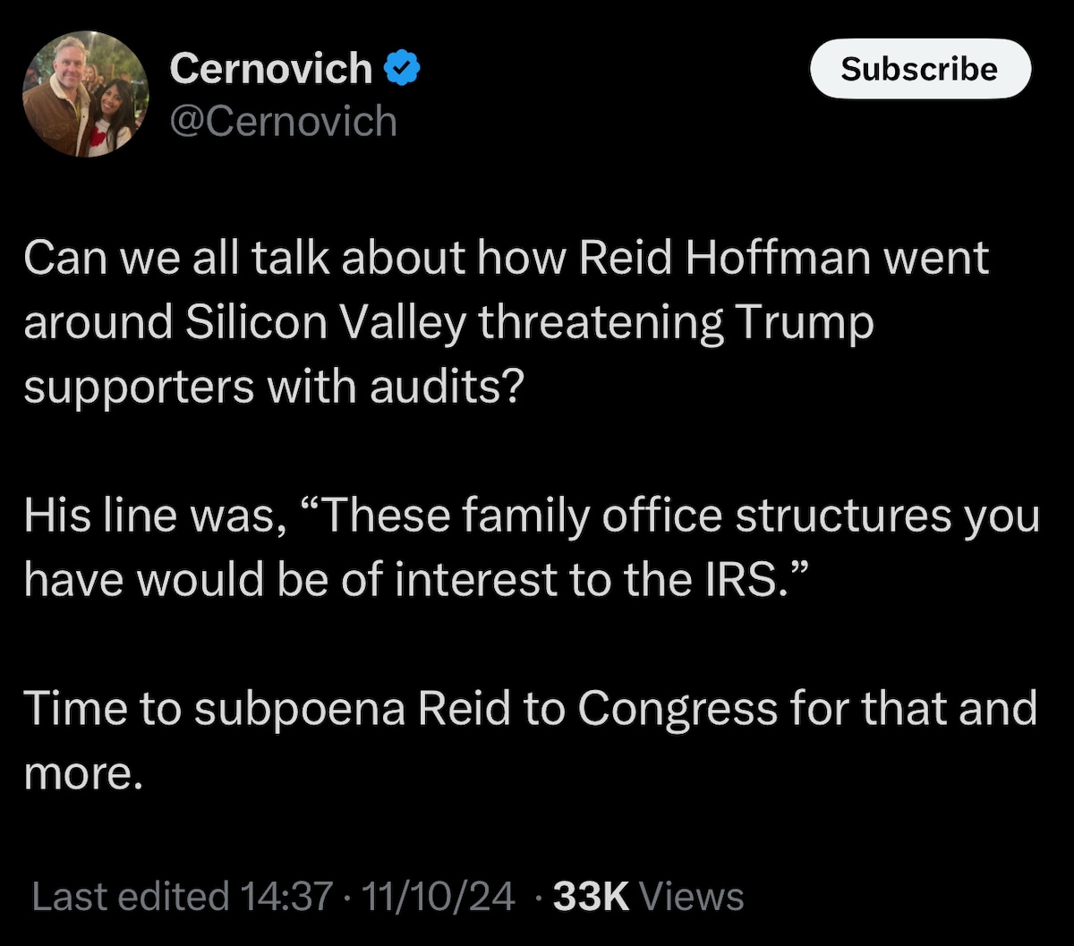 Reid Hoffman High Value Target —Lawyer Up Big Boy

https://x.com/cernovich/status/185569626957195269...